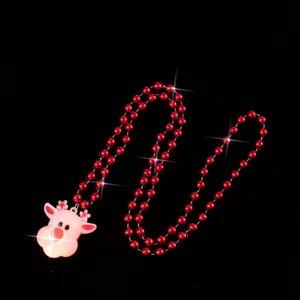Christmas LED Glowing Reindeer Red Beaded Necklace Holiday Party Cartoon Elk Pendant Jewelry