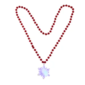 Christmas LED glowing snowflake pendant red bead necklace, festive party holiday jewelry.