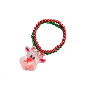 Christmas flashing reindeer bracelet with red green beads, glowing LED nose holiday jewelry.