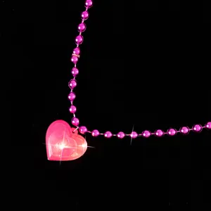 LED glowing heart pendant necklace pink beaded chain valentine party festival accessory gift