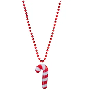 Christmas red bead necklace with candy cane pendant, festive LED glowing holiday party jewelry.