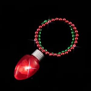 Christmas light-up red green bead bracelet necklace with glowing bulb pendant festive