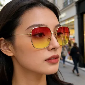 Stijlvolle Koreaanse vierkante zonnebril met gouden metalen montuur en rood-gele verloopglazen.
