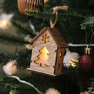 Christmas glowing wooden house pendant for tree decoration holiday party hanging ornament LED light