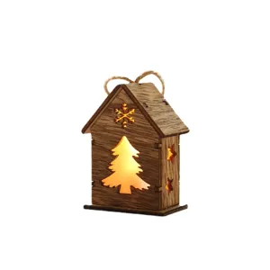 Christmas wooden glowing house pendant with hollow tree design for holiday decoration