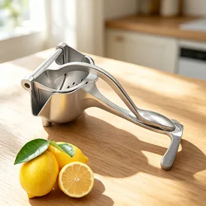 Gedetailleerd overzicht van de handmatige metalen citruspers met verse citroenen.