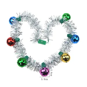Christmas tinsel garland necklace with colorful disco balls LED lights, holiday party decor.