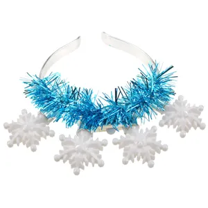 Glowing snowflake headband with blue tinsel for fun Christmas party celebration props.