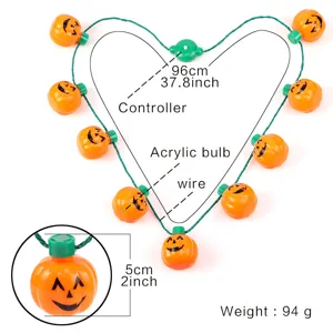 Halloween LED pumpkin string light necklace with controller and acrylic bulbs, 96cm length.