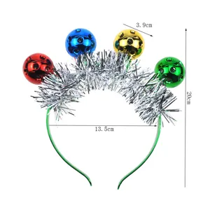 Christmas party tinsel headband with colorful disco balls, product detail view showing dimensions.