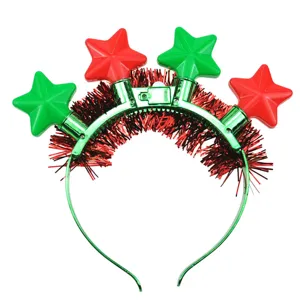 Christmas LED glowing headband with red green stars and tinsel for holiday party celebration.