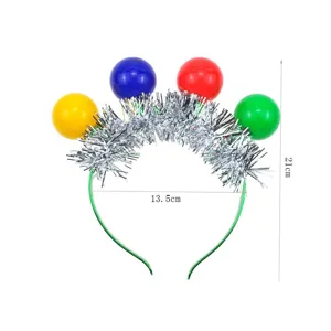 Christmas LED flashing light headband with colorful balls and silver tinsel for party events.