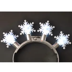 LED light-up snowflake headband detail shot showing glowing white snowflake designs and metallic band.