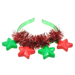 Christmas LED glowing headband with red tinsel and colorful plastic stars for party event.