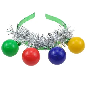 Christmas light up headband with colorful LED balls and silver tinsel for party holiday decor.