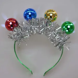 Festive Christmas light-up headband with colorful disco balls and silver tinsel details.