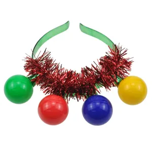 Christmas light up headband with colorful round balls and red tinsel for party events.