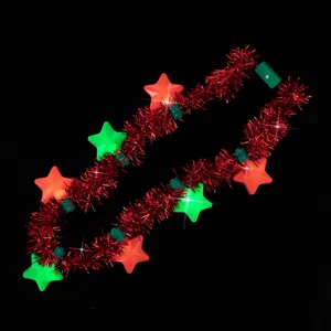 Christmas LED tinsel necklace with glowing red and green stars for holiday party accessories.