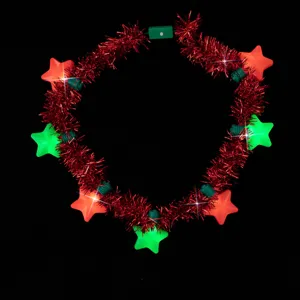 Christmas light up tinsel necklace with red and green LED stars for holiday party decor