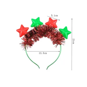 Christmas LED glowing star headband with red and green tinsel for holiday party decoration.