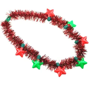Christmas tinsel garland necklace with red green star LED lights for holiday party decor.