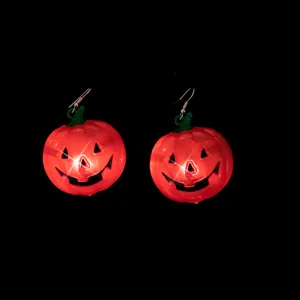 Halloween glowing pumpkin earrings with LED lights, fun festive costume party jewelry gifts.