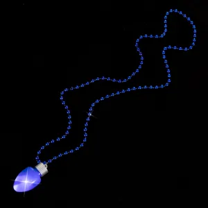 Collier de perles bleues avec pendentif ampoule LED lumineux, idéal pour les fêtes de fin d'année.