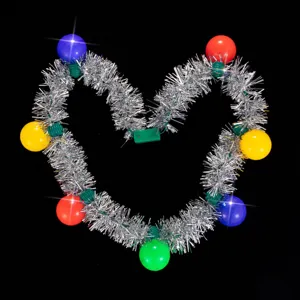 Close-up detail of Christmas light-up tinsel necklace with colorful flashing LED bulbs.