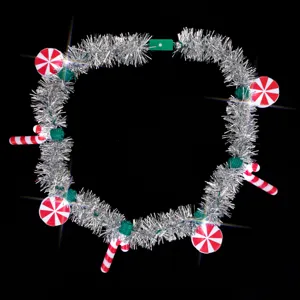 Christmas LED light up tinsel necklace with candy cane and peppermint charms for party.