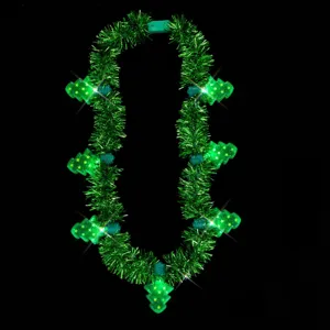 Christmas tinsel flashing necklace with green LED trees, perfect for holiday party fun.