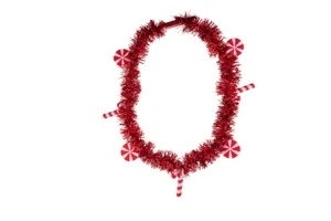 Christmas party light-up red tinsel necklace with candy cane and peppermint charms detail.