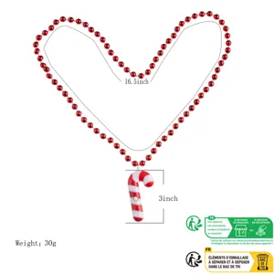 Christmas LED candy cane pendant red beaded necklace detail view, 16.5 inch chain, 30g weight.