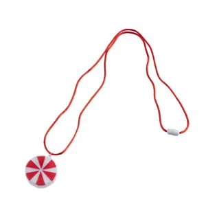 LED Christmas candy necklace with red white peppermint pendant and cord for party events.