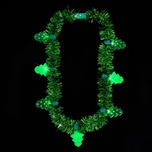 LED light up Christmas tinsel necklace with glowing tree pendants for festive party decoration.