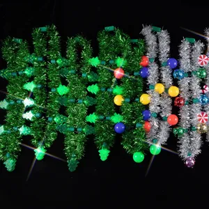 Christmas LED Flashing Tinsel Necklace Christmas Tree Candy Cane Bauble Light Up Party Toy Necklace Holiday Jewelry