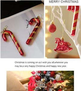 Christmas tree hanging ornaments, red glitter candy cane and rocking horse decor details.