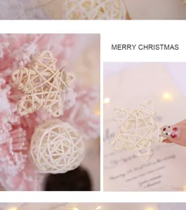 Close-up detail of Christmas woven rattan pentagram and ball decorations for holiday styling.