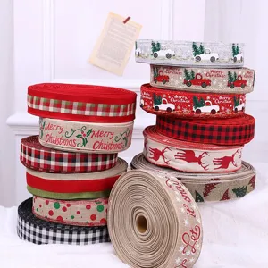 Weihnachten Dekoratives Juteband Karo Rentier Schneeflocke Druck Stoffbänder Für Geschenkverpackungen Weihnachtsbaumschmuck Party Dekor