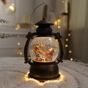 Christmas snow globe lantern with Santa Claus and reindeer, vintage bronze holiday home decor.