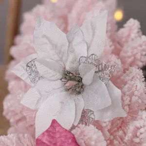 Künstlicher Weihnachtsbaum Deko Blumenstecker, weiße Glitzer Poinsettia für DIY Festtag.