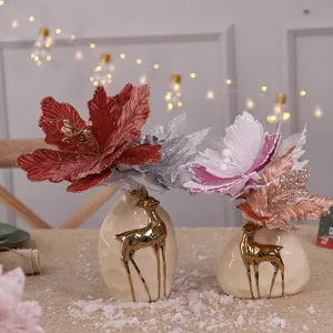 Weihnachten Blumen Vase Set mit goldenen Hirsch Design und glitzernden Zweigen neu.