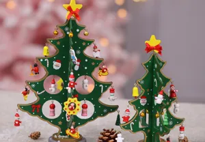 Wooden mini Christmas tree desktop ornament toy set with cute holiday hanging pendants.