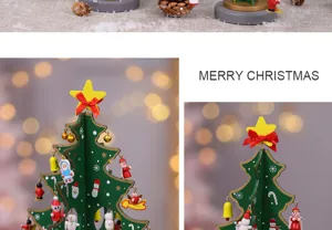 Wooden Christmas tree tabletop ornament with cute festive pendants for holiday home decor.