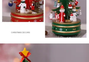 Detailed view of wooden Christmas music box featuring miniature snowmen and festive trees.