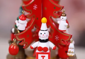 Wooden Christmas tree music box ornament, cute snowman dolls, festive desktop holiday decor.