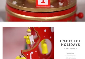 Wooden Christmas music box with rotating angels and festive elements for holiday home decor.