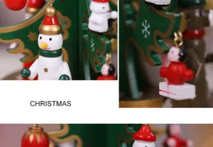 Wooden Christmas music box detail showing festive snowman and tree figurines holiday decor.