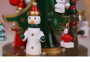 Close-up detail of wooden Christmas tree music box ornament with snowman and festive figures.