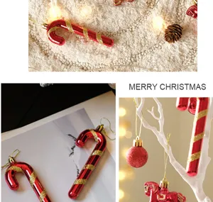 Christmas tree decoration set including red candy cane pendants, baubles, and festive ornaments.