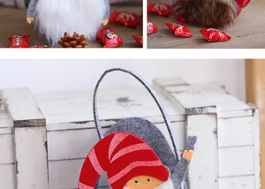Sacchetto regalo caramelle gnomo in feltro di Natale, dettaglio borsa e decorazione festiva.